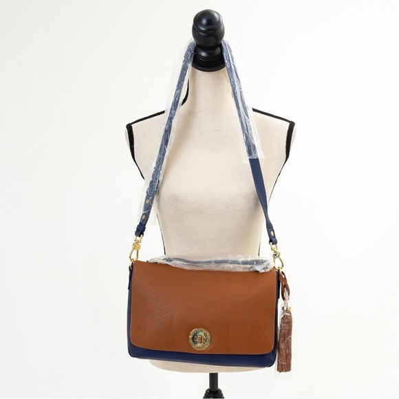 Preppy leather messenger bag Isaac Mizrahi Live Bridgehampton blue & brown - Picture 14 of 16